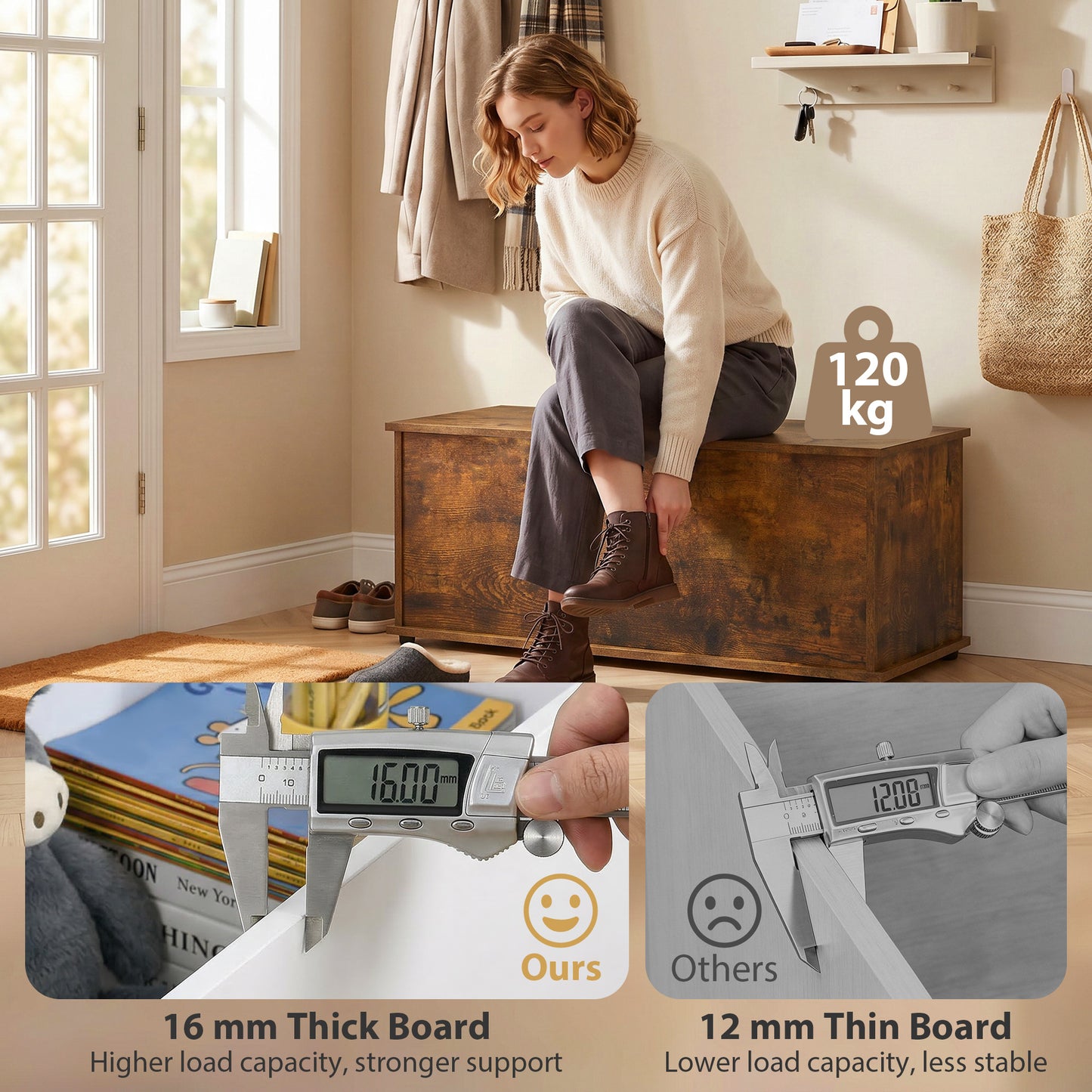 39.5" Storage Chest with 2 Safety Hinges, Storage Box Organizer with Flip-Top Lid, Entryway Storage Bench, Rustic Brown