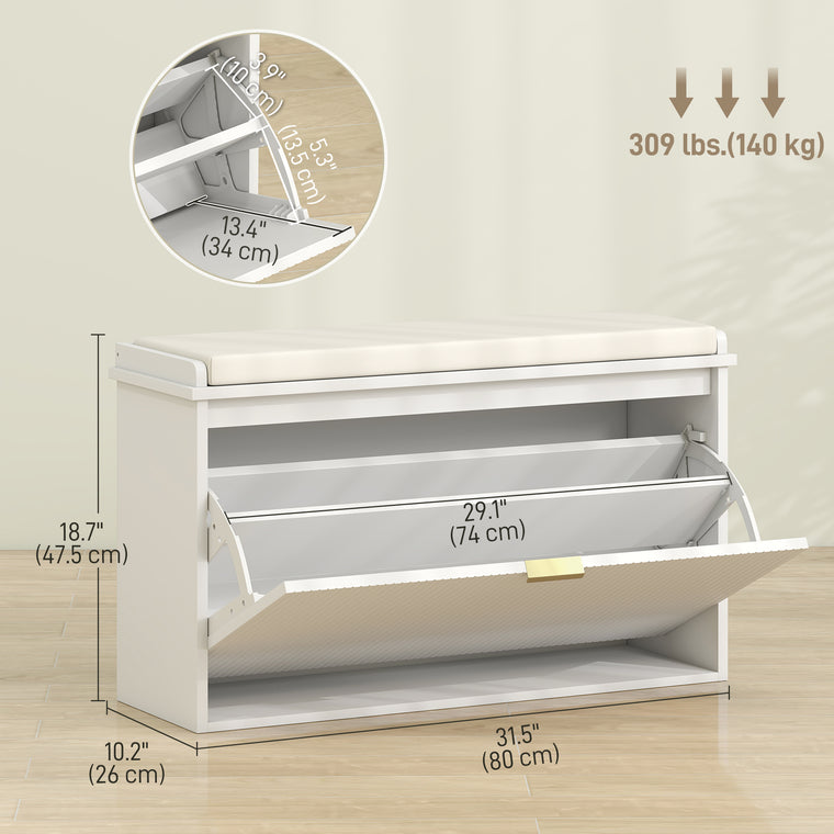 Entryway Shoe Storage Bench with Flip-Drawers - White