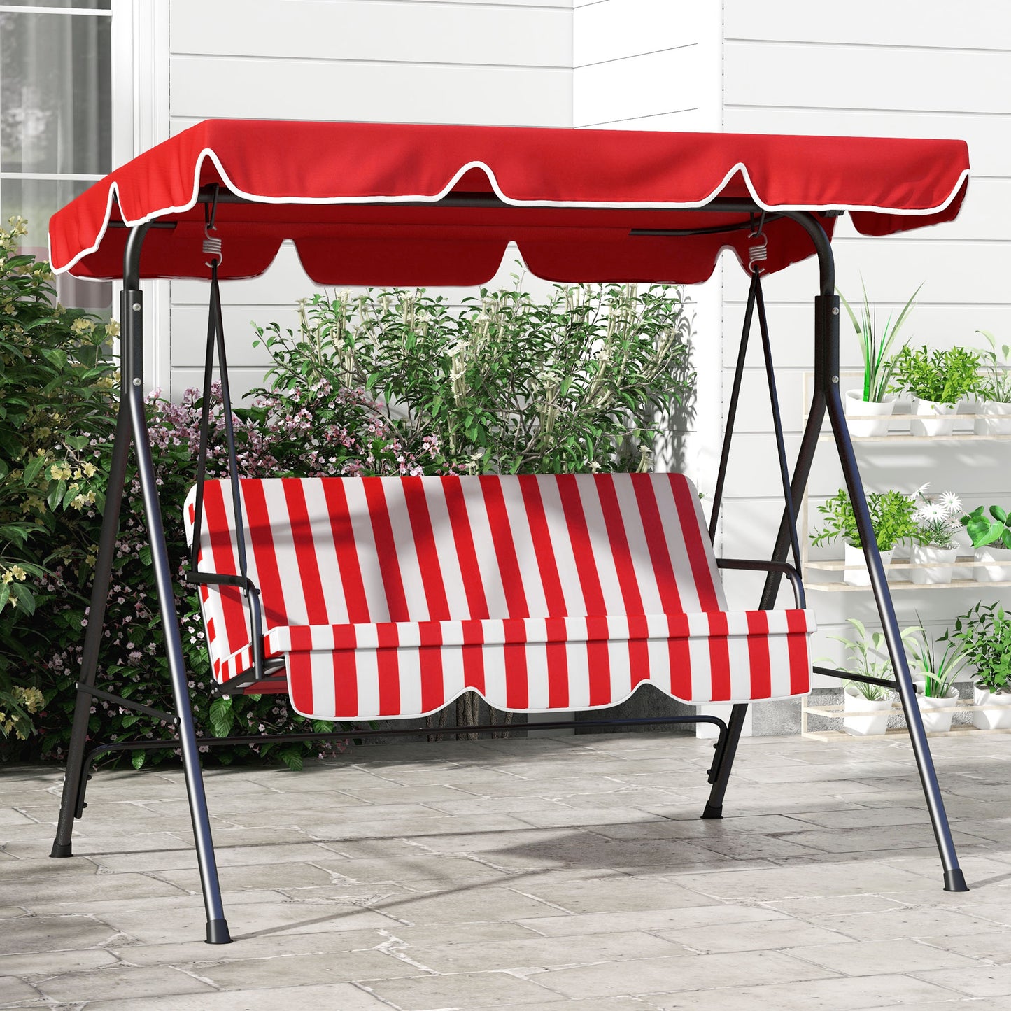 3-Seater Outdoor Porch Swing with Adjustable Canopy, Patio Swing Chair for Garden, Poolside, Backyard, Red