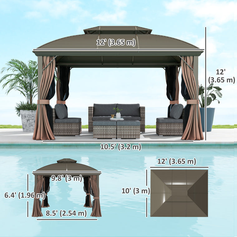 10' x 12' Coffee Hardtop Gazebo with Double Roof & Curtains