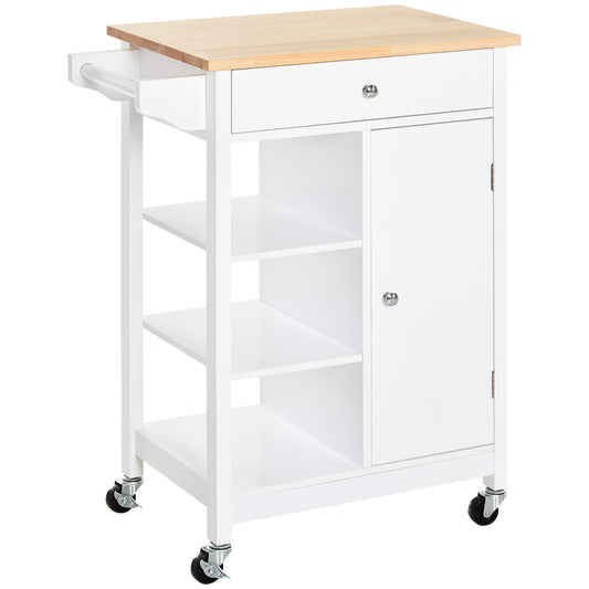 Rolling Kitchen Island with Wood Top and Cabinet - White