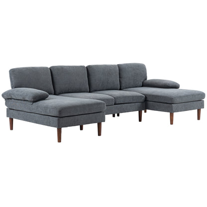 U Shape Couch with Double Chaise Lounge, Modern 4 Seater Sofa with Wooden Legs, Fabric Sofa for Living Room - Dark Grey