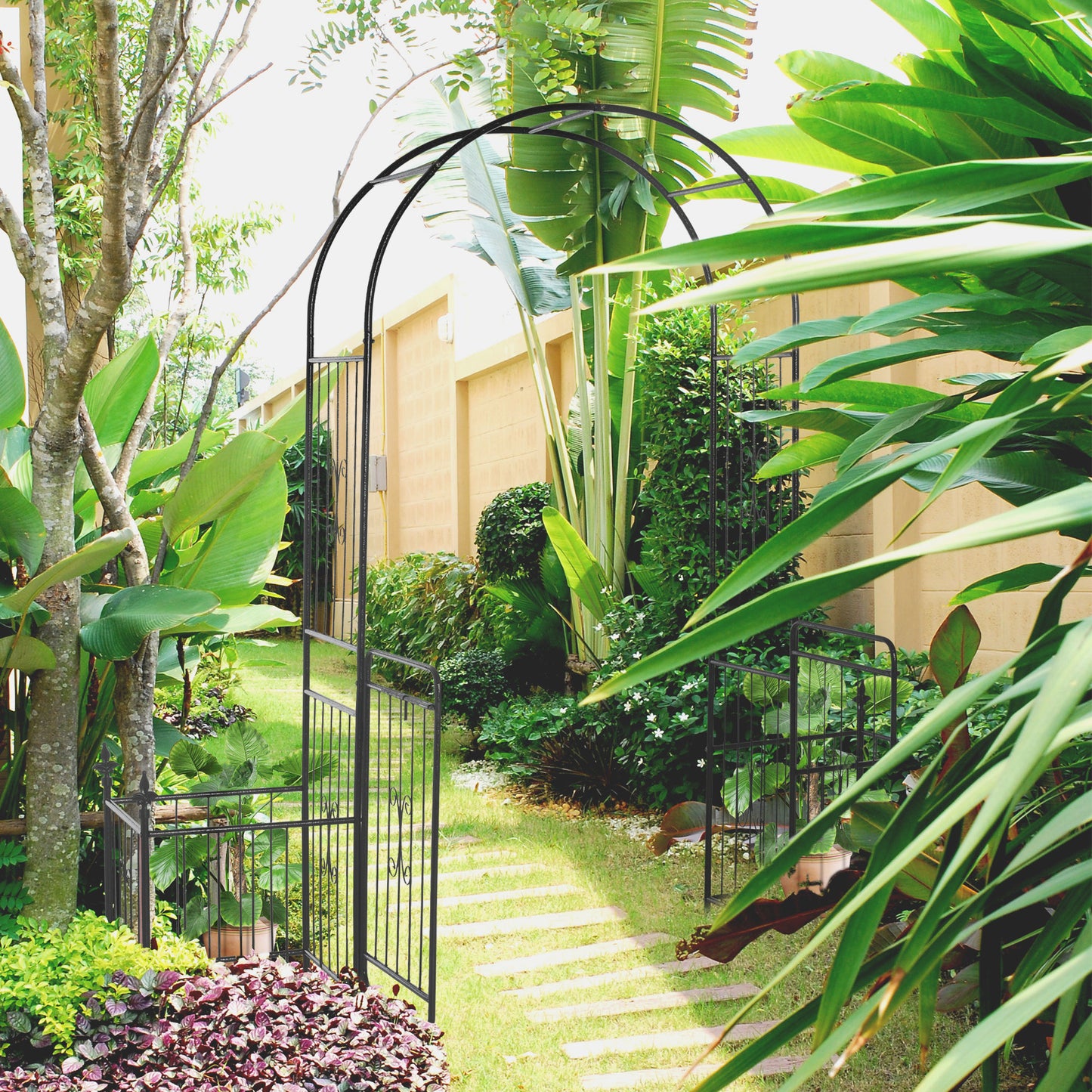 7.2FT Metal Garden Arch with Gate, 2 Side Planter Baskets, Garden Arbor Archway Trellis for Roses and Climbing Plants, Black