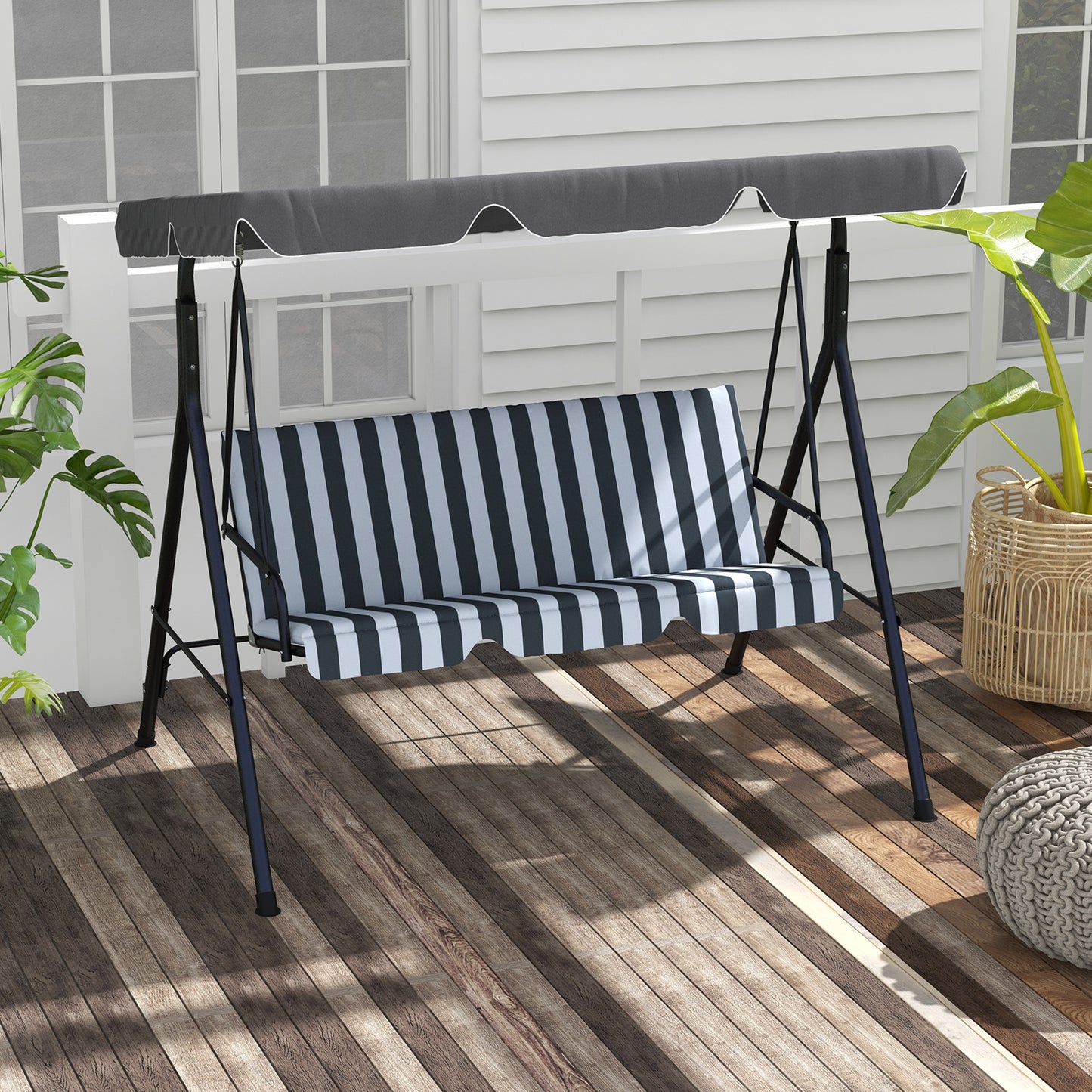 3-Seater Outdoor Porch Swing with Adjustable Canopy, Patio Swing Chair for Garden, Poolside, Backyard, Grey and White