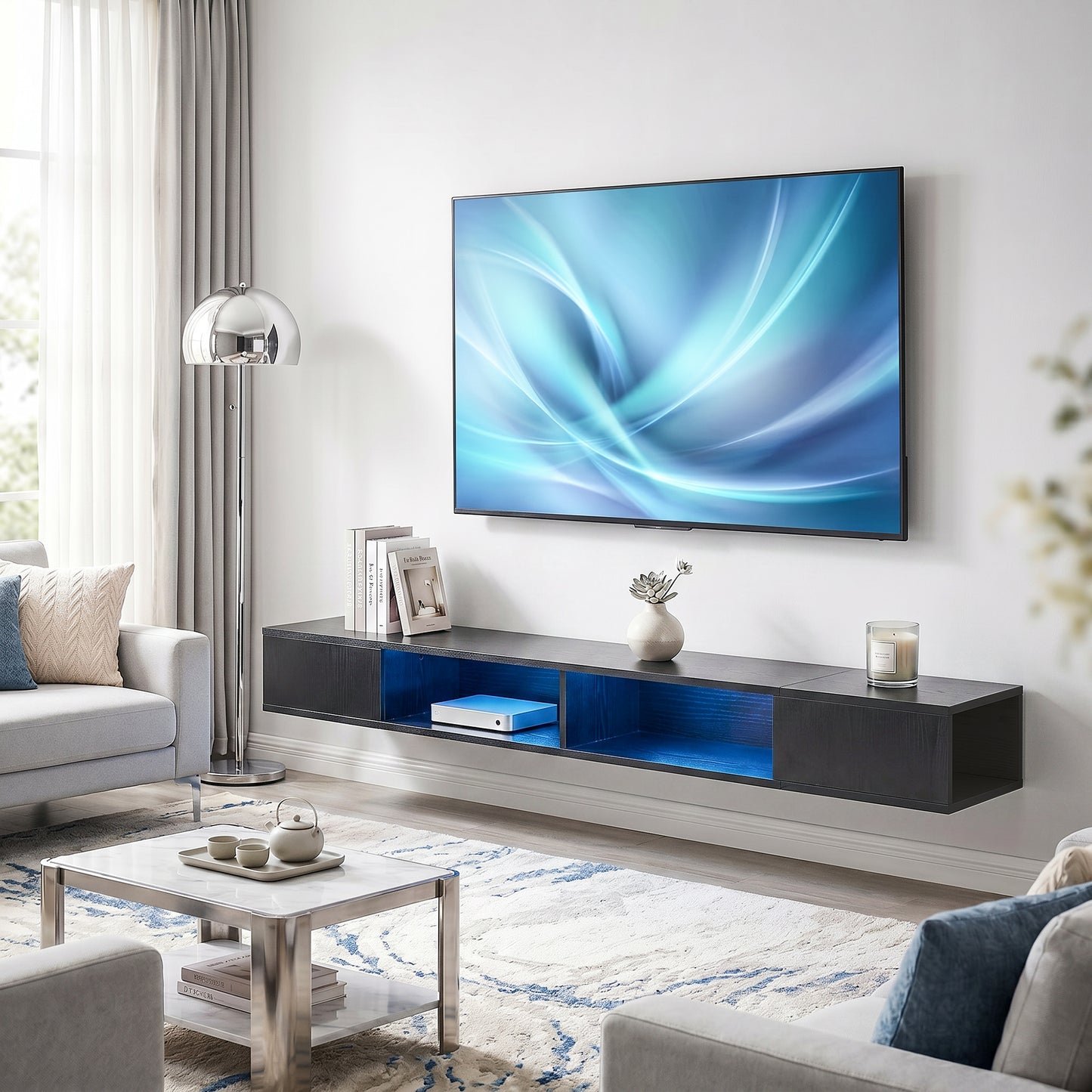 TV Stand with RGB LED Lights, Entertainment Center with Open Shelves for 75 Inch TV, Black Wood Grain