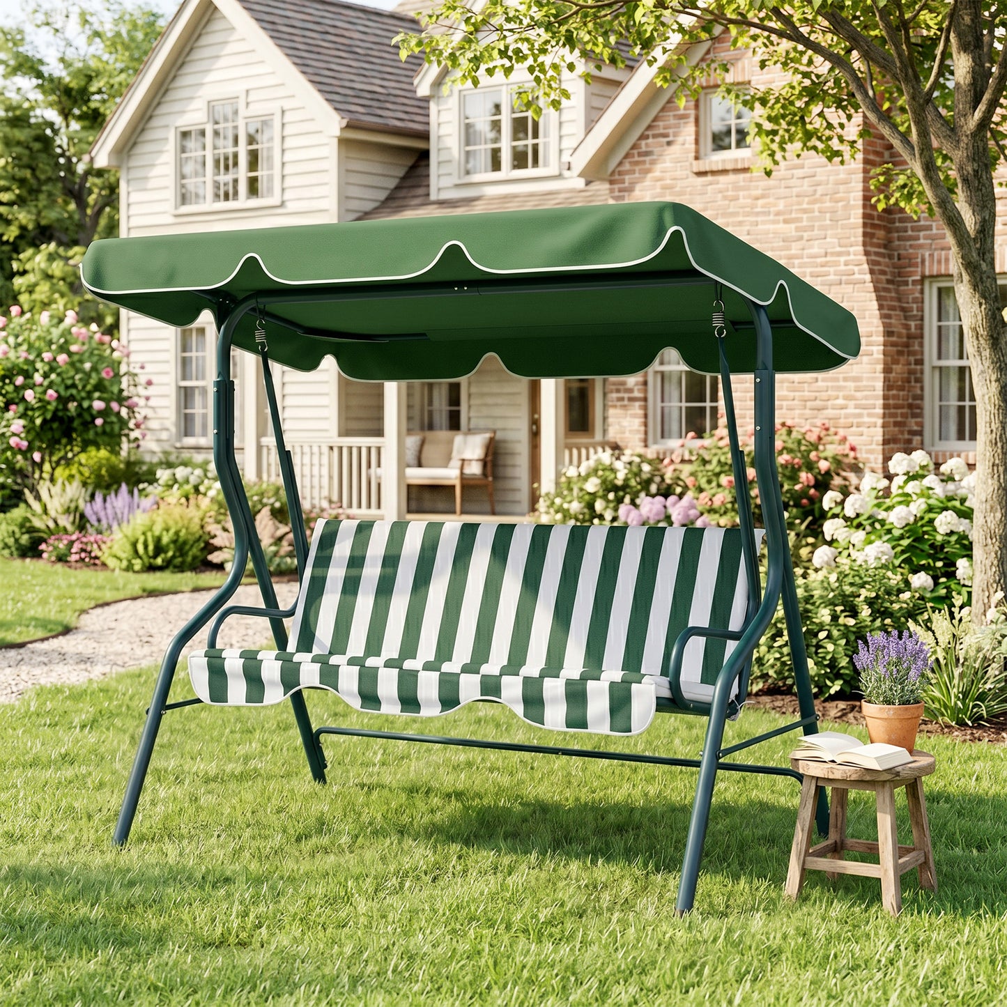 Outdoor Porch Swing with Adjustable Canopy, 3-Seater Patio Swing Chair with Cushion, Black