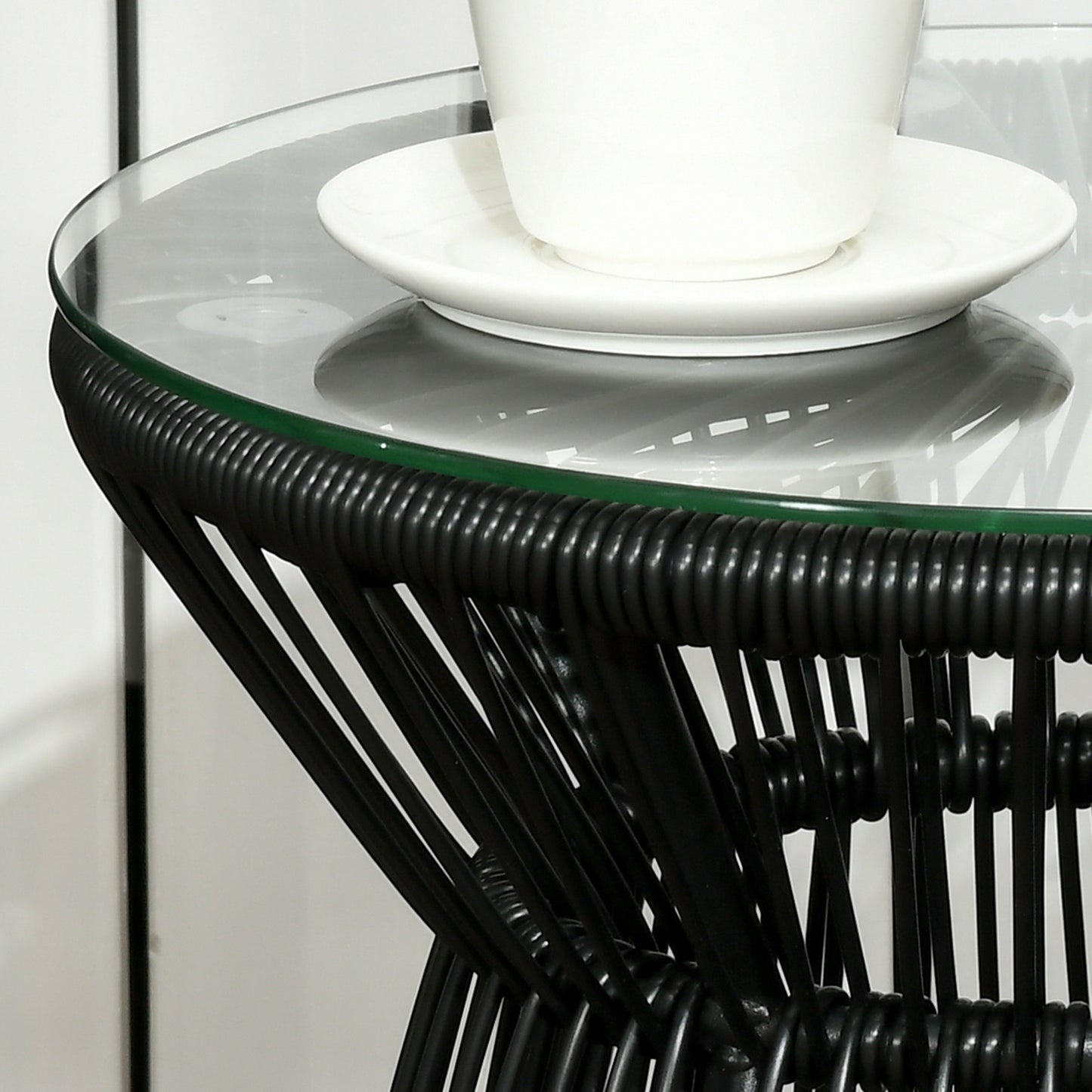 Round End Table, Rattan Side Table, Hollow Drum Design Coffee Table w/ Glass Top for Patio, Garden, Balcony, Dark Grey