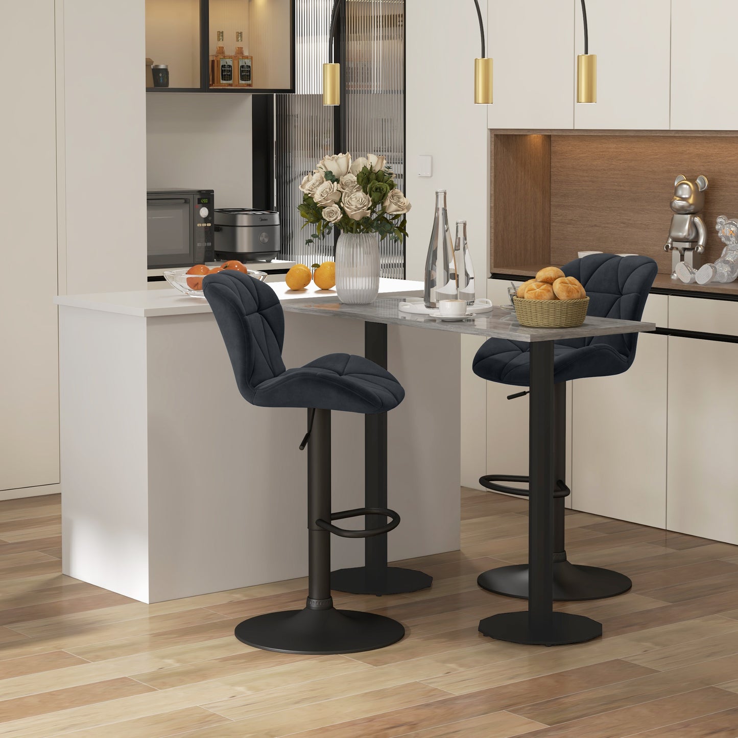Bar Stool Set of 2 Fabric Adjustable Height Armless Upholstered Counter Chairs with Swivel Seat, Black