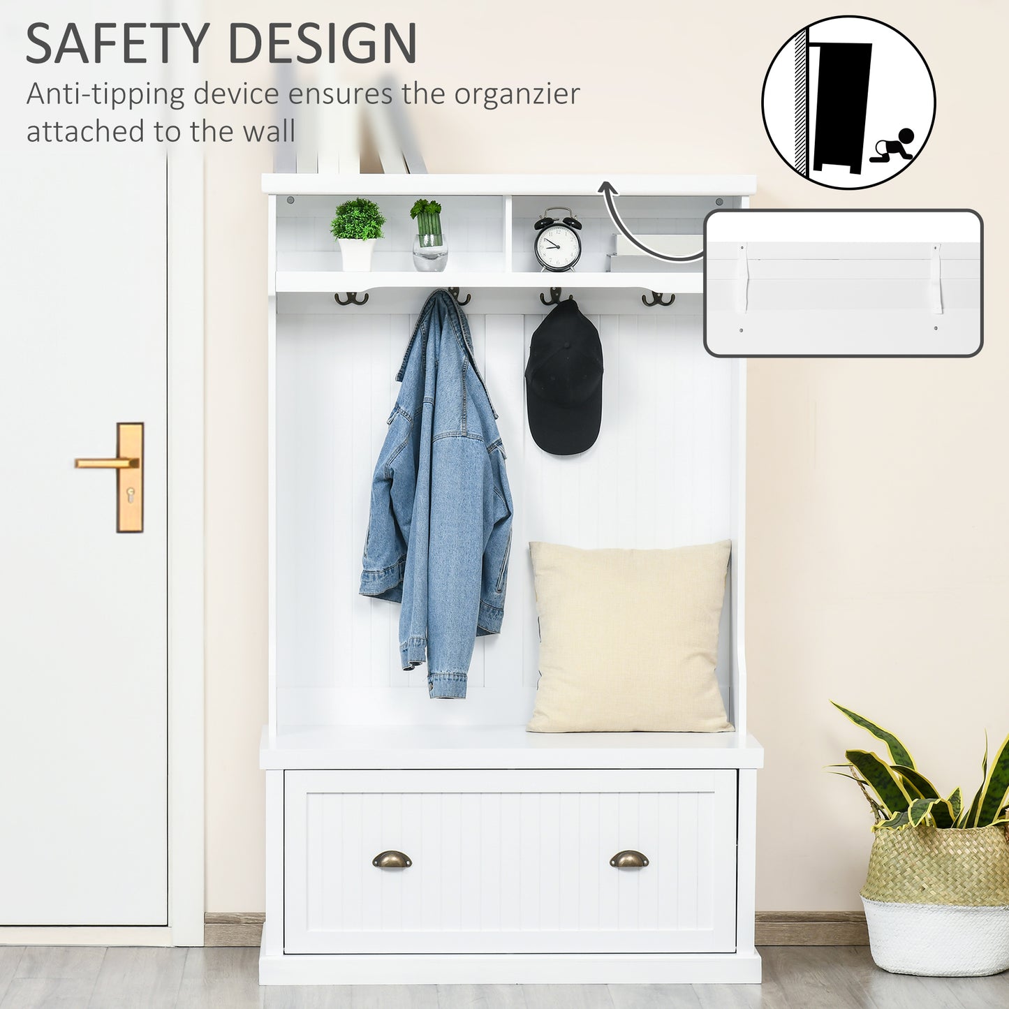 64.5" H Hall Tree with Storage Drawer & Top Shelf, Coat Rack Wooden Entryway Storage Bench Hall Tree Hallway Clothes Bag Coat Rack 4 Hooks, White