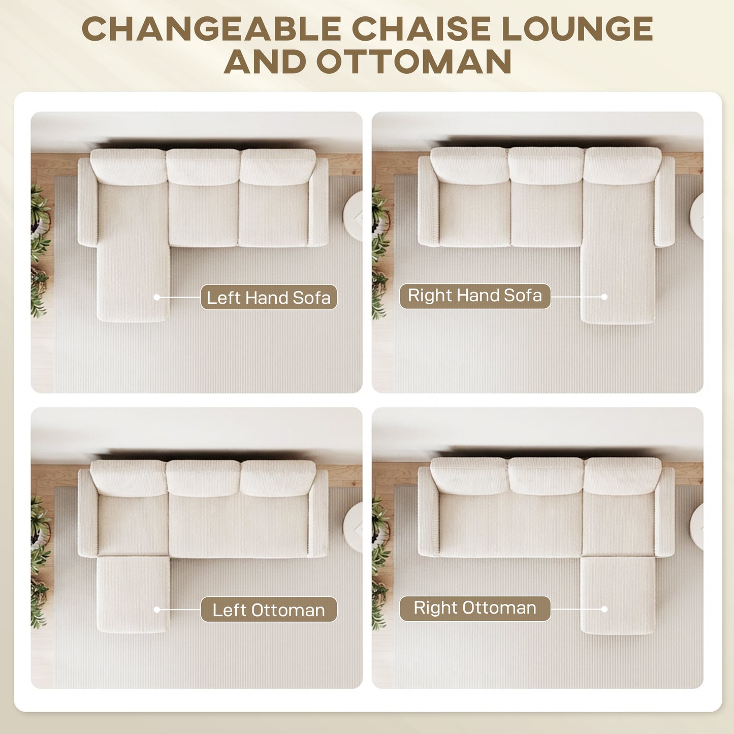 L-Shape Corduroy Sectional Sofa with Reversible Chaise - Cream White