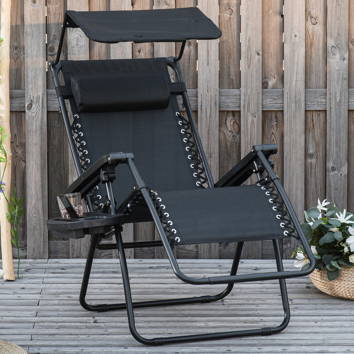 Outdoor Zero Gravity Reclining Lounger Chair with Canopy Shade, Side Tray, Cupholder, Beige - Black