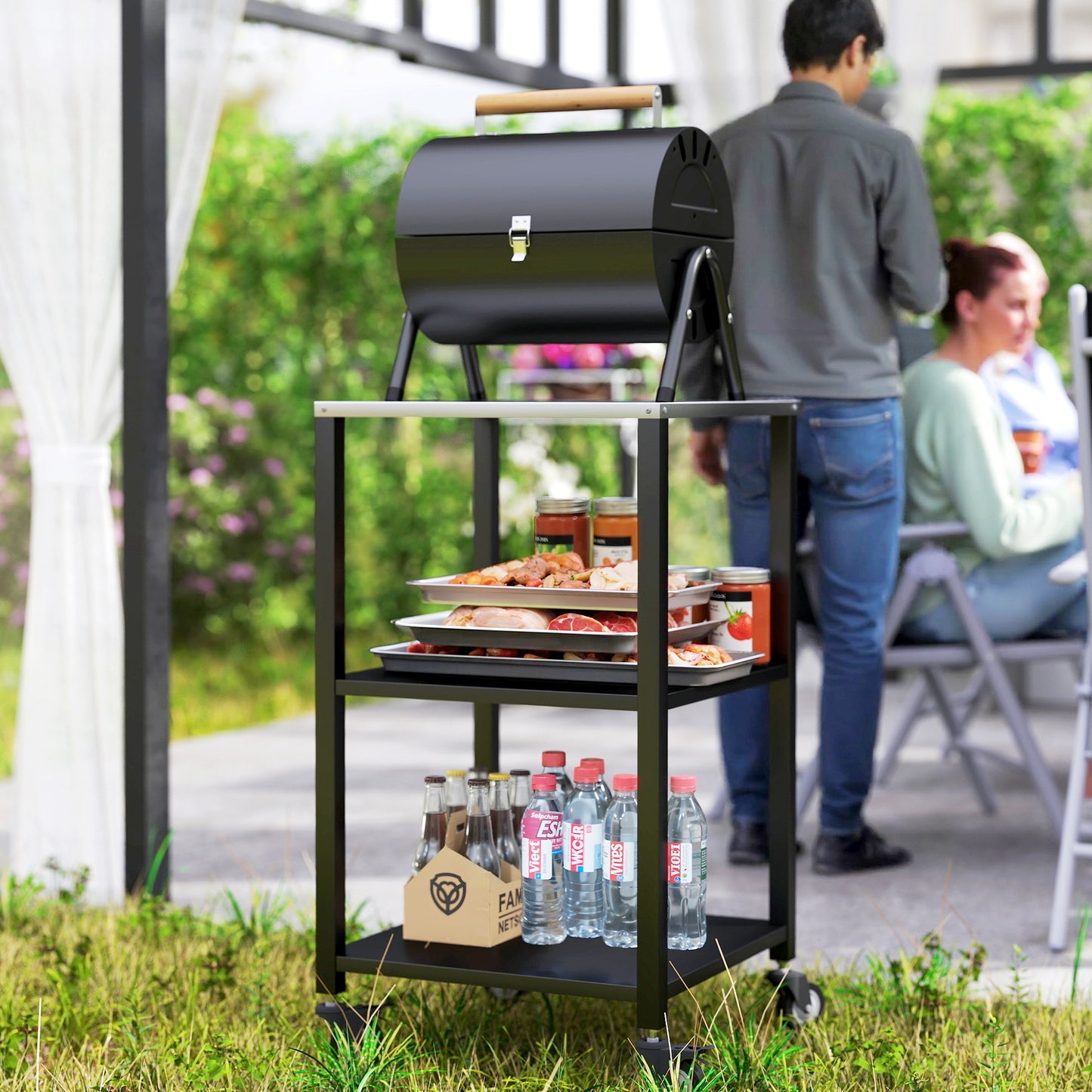 Outdoor Grill Cart, Pizza Oven Stand with Stainless Steel Top, 3-Tier Rolling Kitchen Prep Station with Wheels, Black