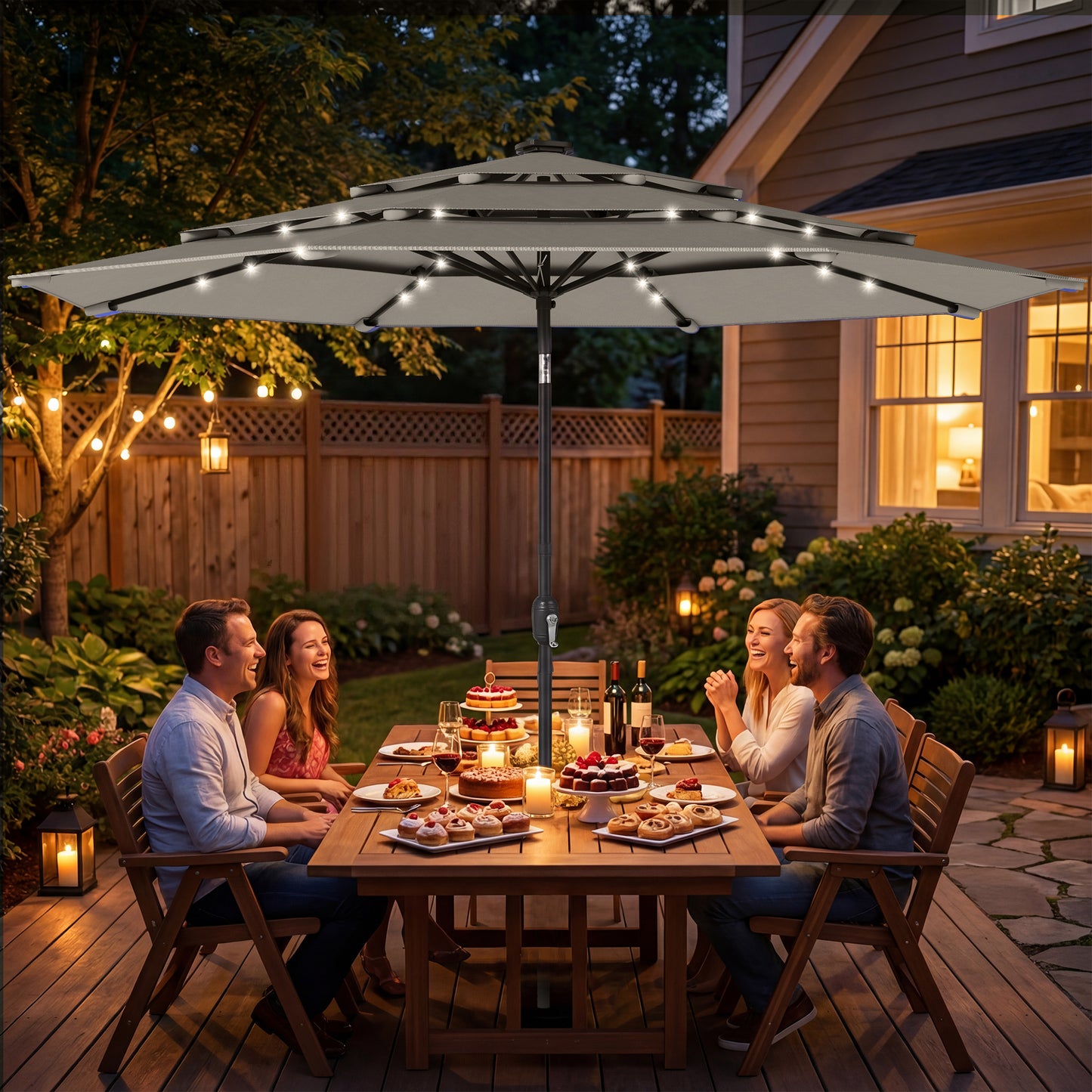 9.3' Grey Market Umbrella with Solar LED Lights & Tilt Crank