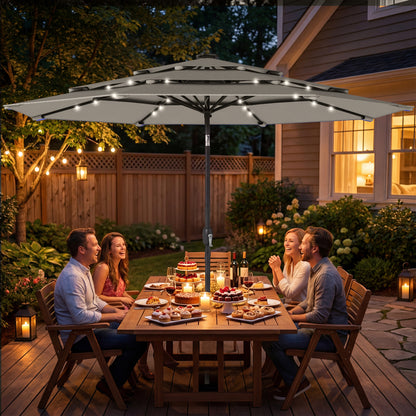 9.3' Grey Market Umbrella with Solar LED Lights & Tilt Crank