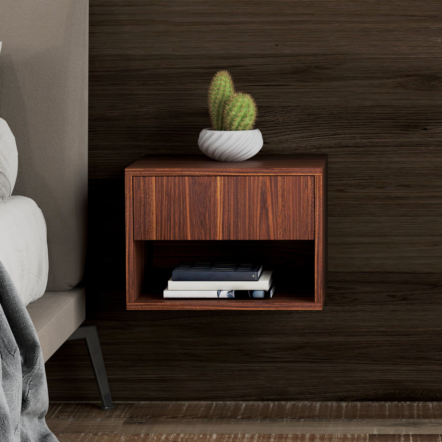 Floating Nightstand Set of 2, Wall Mounted Bedside Table with Drawer for Bedroom, Brown