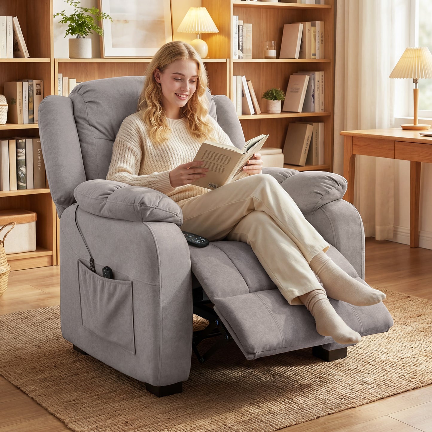Massage Recliner Chair with Quiet Brushless Motor Pet-Friendly Fabric Power Recliner with 2 Memory Positions Brown