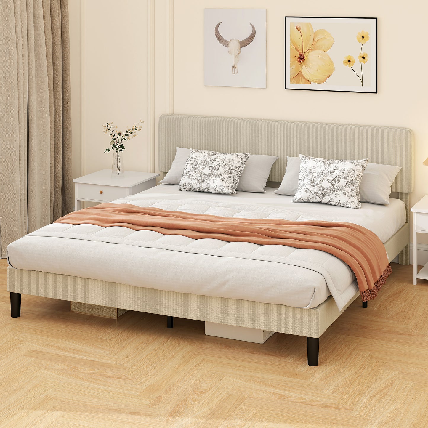King Size Bed Frame with Adjustable Upholstered Headboard Platform Bed Frame Wood Slat Support Noise Free Light Grey