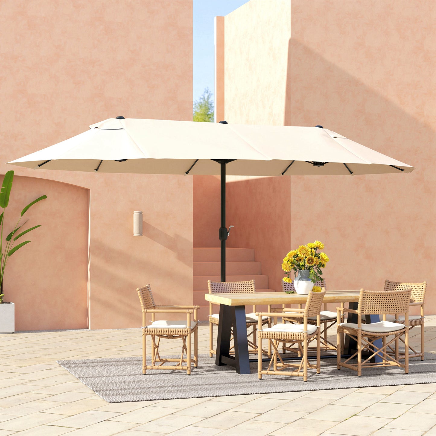 15' Outdoor Patio Umbrella with Twin Canopy Sunshade Steel Table Umbrella with Lift Crank Beige