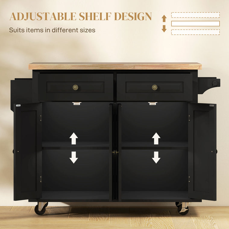 Rolling Kitchen Island with Wood Top and Spice Rack - Black