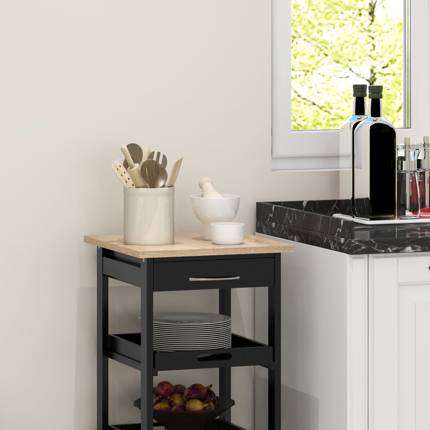 Kitchen Island Rolling Trolley Utility Serving Cart with Drawer Black