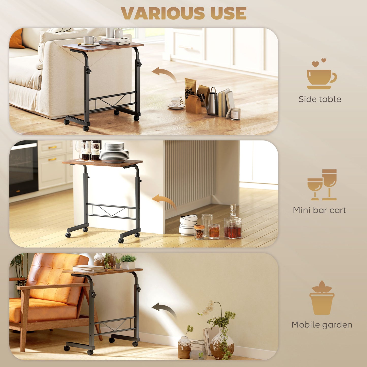 Mobile Standing Desk with Adjustable Height, 23.5 inch Stand Up Desk with Wheels, Rustic Brown