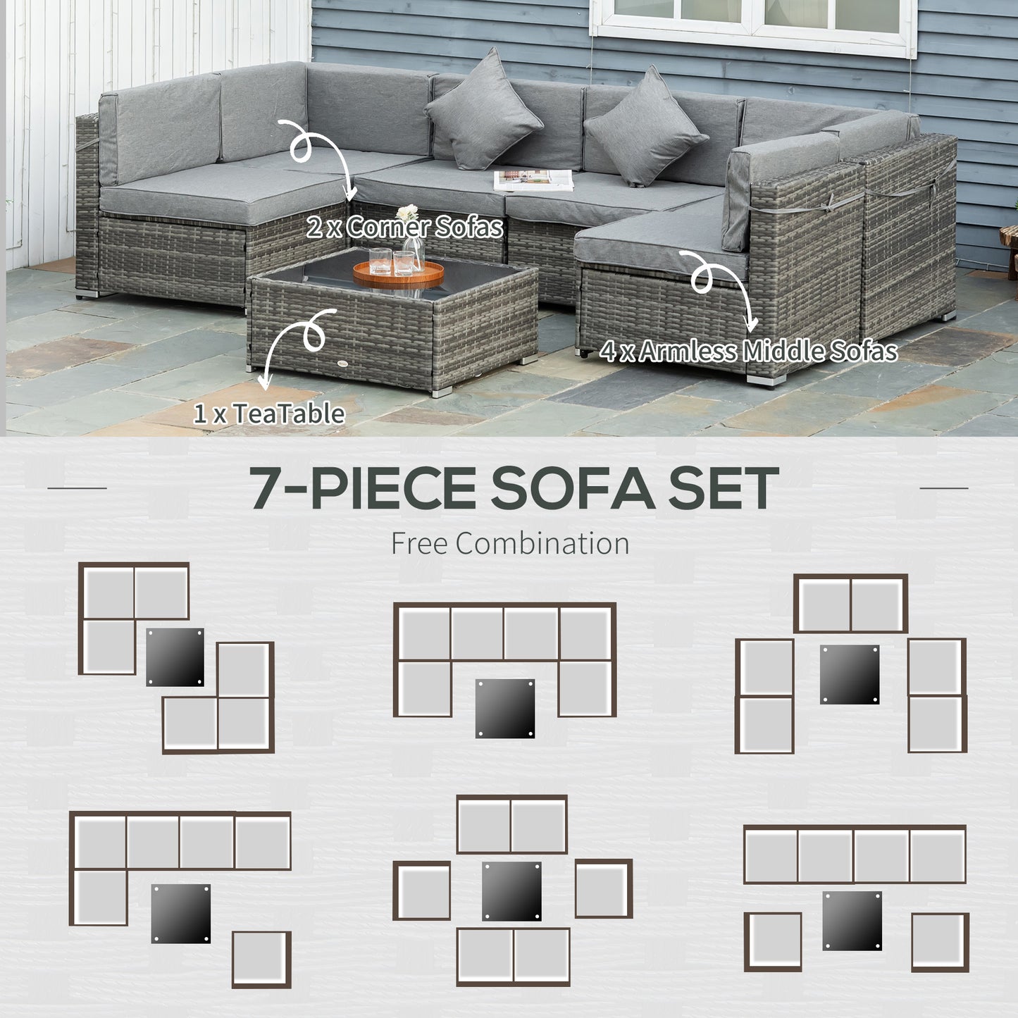 7pc Garden Wicker Sectional Set with Tea Table Patio Rattan Lounge Sofa Outdoor Deck Furniture Light Grey
