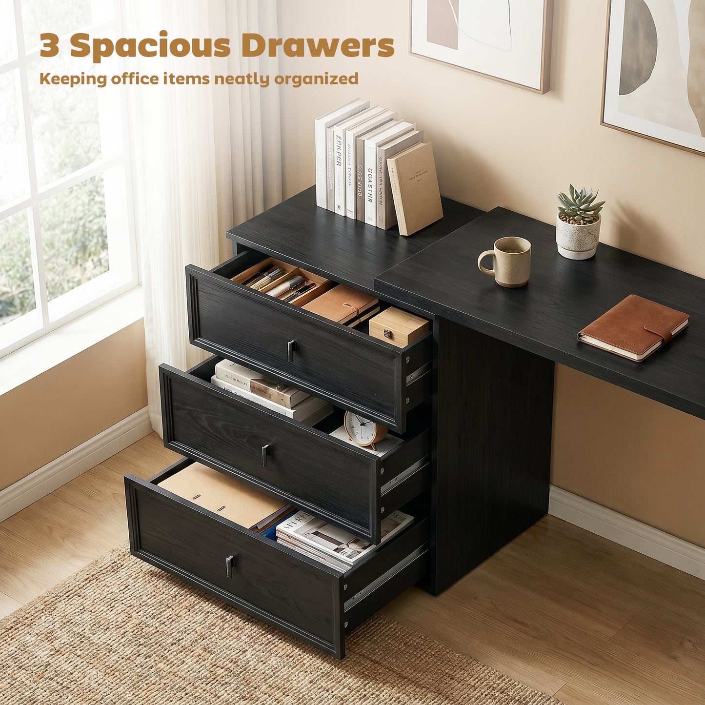 L Shaped Computer Desk Home Office Desk with 3 Drawers Black Wood Grain