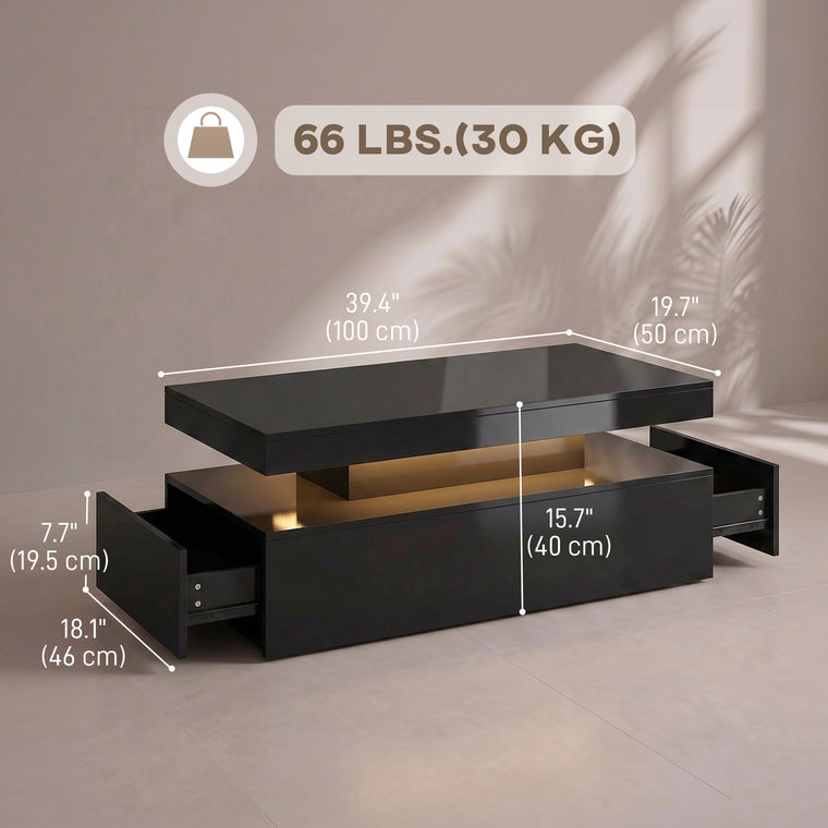 2-Tier LED Coffee Table with 2 Drawers
