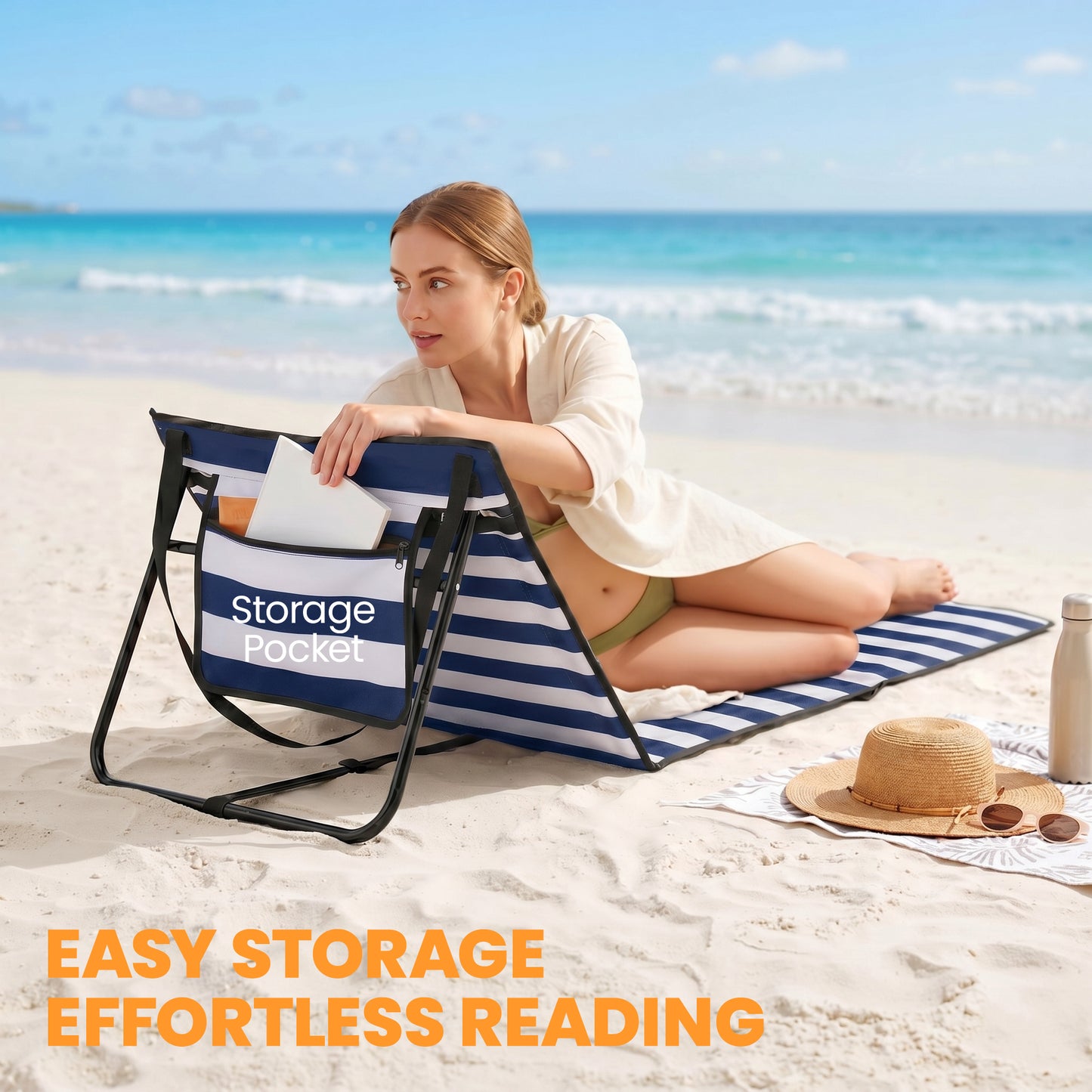 Set of 2 Foldable Lounge Chairs with Carry Bag, Adjustable Backrest, Blue and White