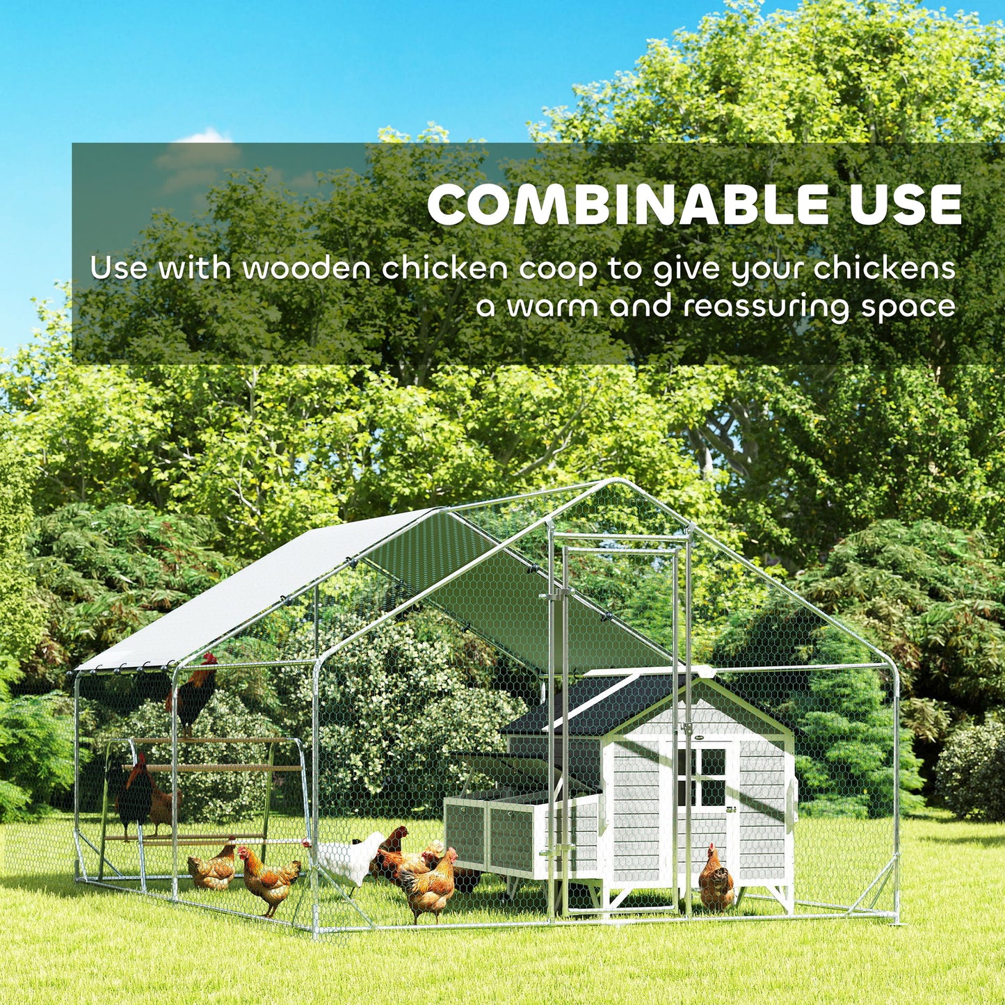 Metal Chicken Coop Run w/ Waterproof Cover, Nesting Box, Roosting Bars, for Outdoor Backyard