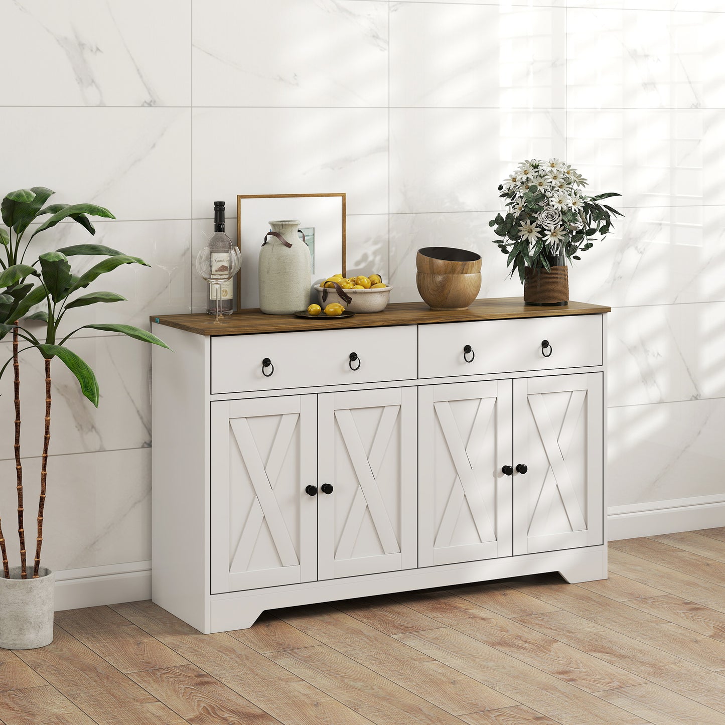 Kitchen Sideboard Cabinet with 2 Drawers, 4 Barn Doors and 2 Adjustable Shelves, Buffet Table for Living Room, White