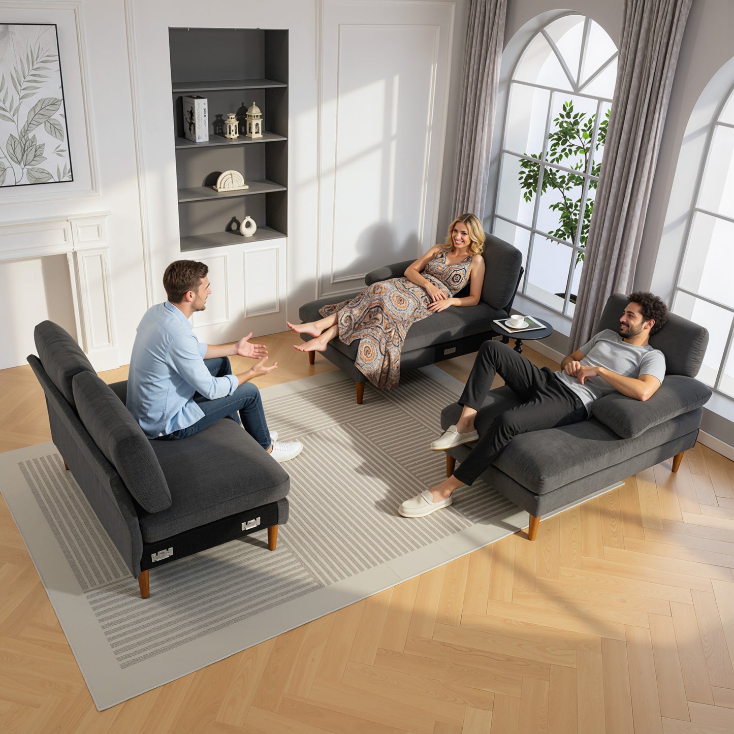 U Shape Couch with Double Chaise Lounge, Modern 4 Seater Sofa with Wooden Legs, Fabric Sofa for Living Room, Dark Grey