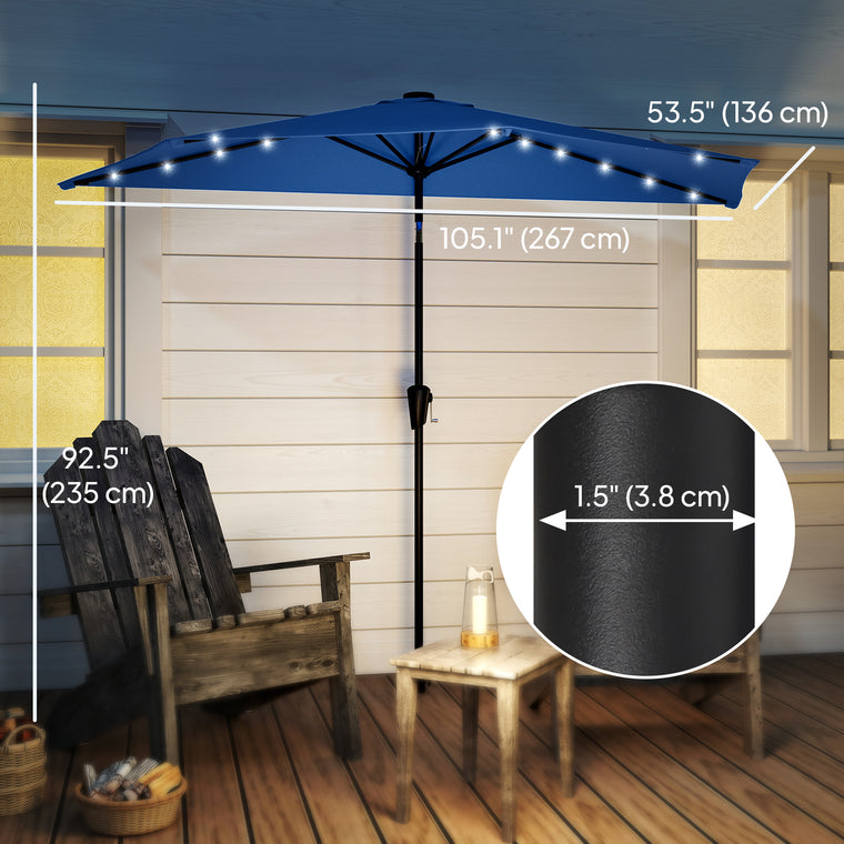 105.1" x 53.5" Navy Blue Half Umbrella with Solar LED Lights