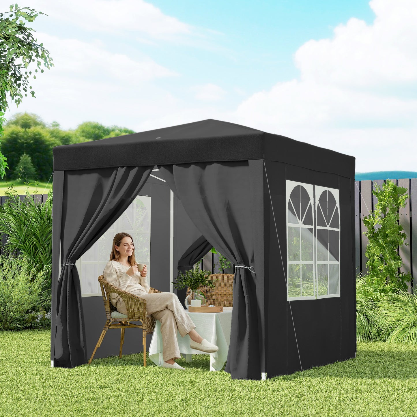 6.6'x6.6' Pop Up Canopy Tent with Sidewalls, Instant Sun Shelter Camping Gazebo with Carry Bag, Black