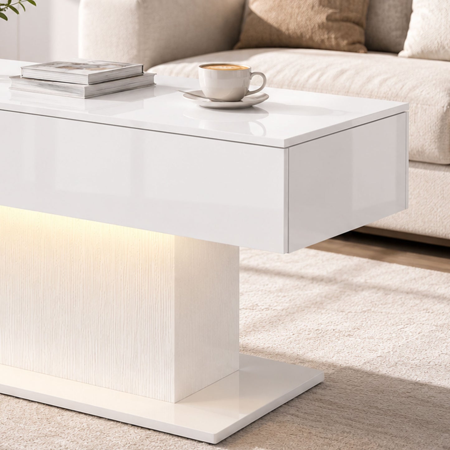 LED Coffee Table with Storage, High Gloss Modern Center Table with 2 Drawers and Remote Control for Living Room, White