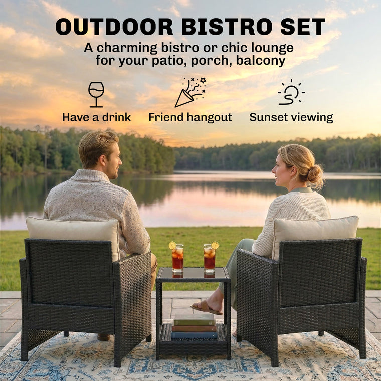 3-Piece Wicker Bistro Set with 2-Tier Glass Table