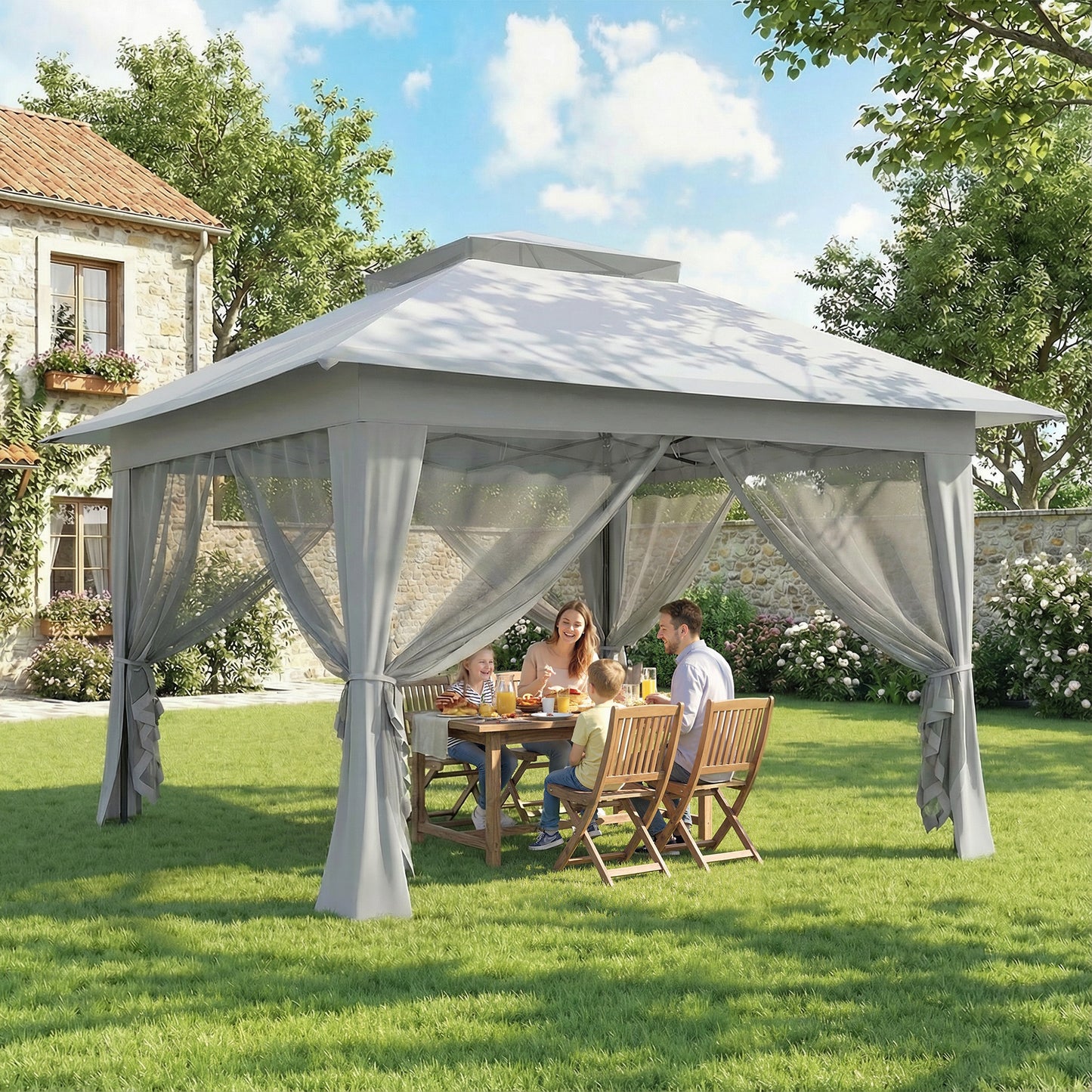 12' x 12' Foldable Pop-up Party Tent Instant Canopy Sun Shade Gazebo Shelter Steel Frame Oxford w/ Roller Bag, Light Grey