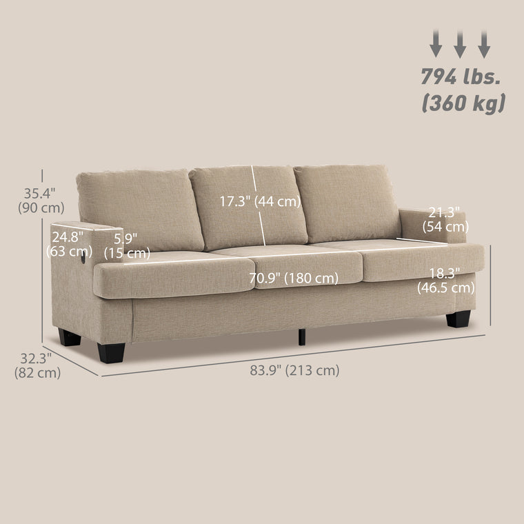 3-Seater Chenille Sofa with USB & Cup Holders