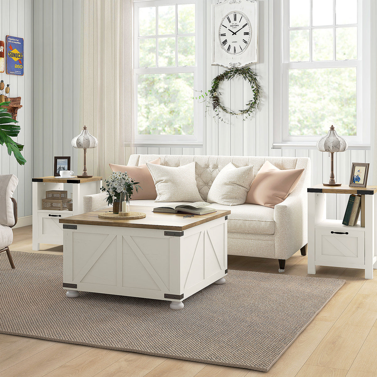 Side Table with Storage, Farmhouse End Table with Drawer, Open Shelf and Barn-style Panel, Nightstand for Living Room, Bedroom, White