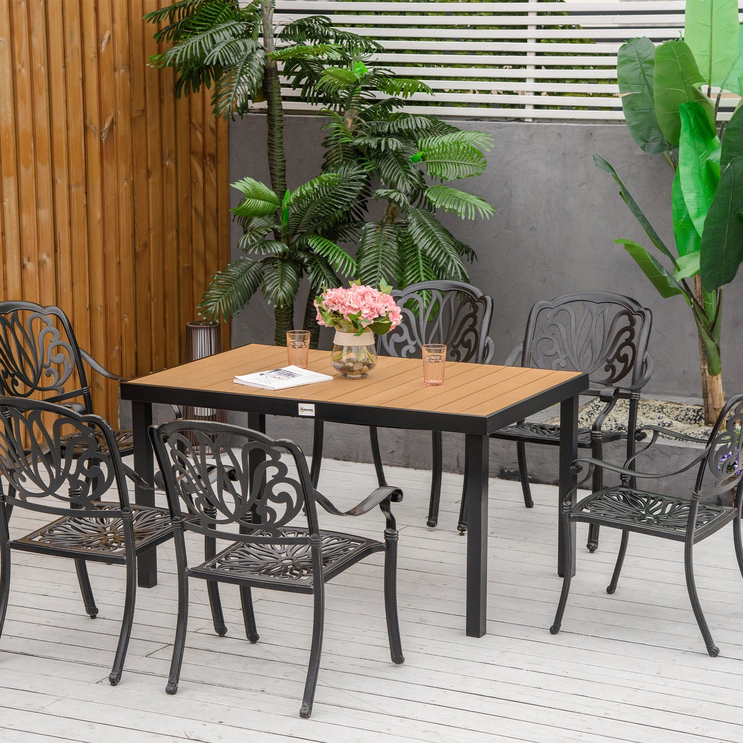 Aluminum Outdoor Dining Table for 6, Rectangular Patio Dining Table 55" L x 35.5" W x 29.25" H, Modern Garden Table for Kitchen, Dining Room, Patio, Natural