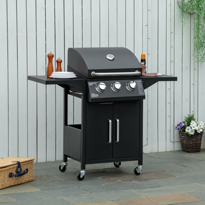 3-Burner Black Gas Grill with Warming Rack & Cabinet