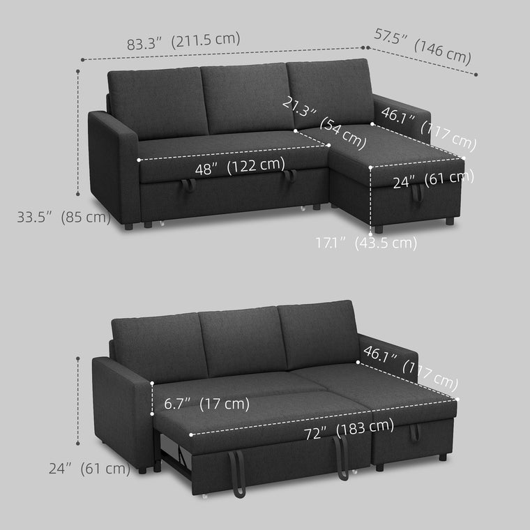 83" L-Shaped Pull-Out Sleeper Sectional with Storage Chaise - Black