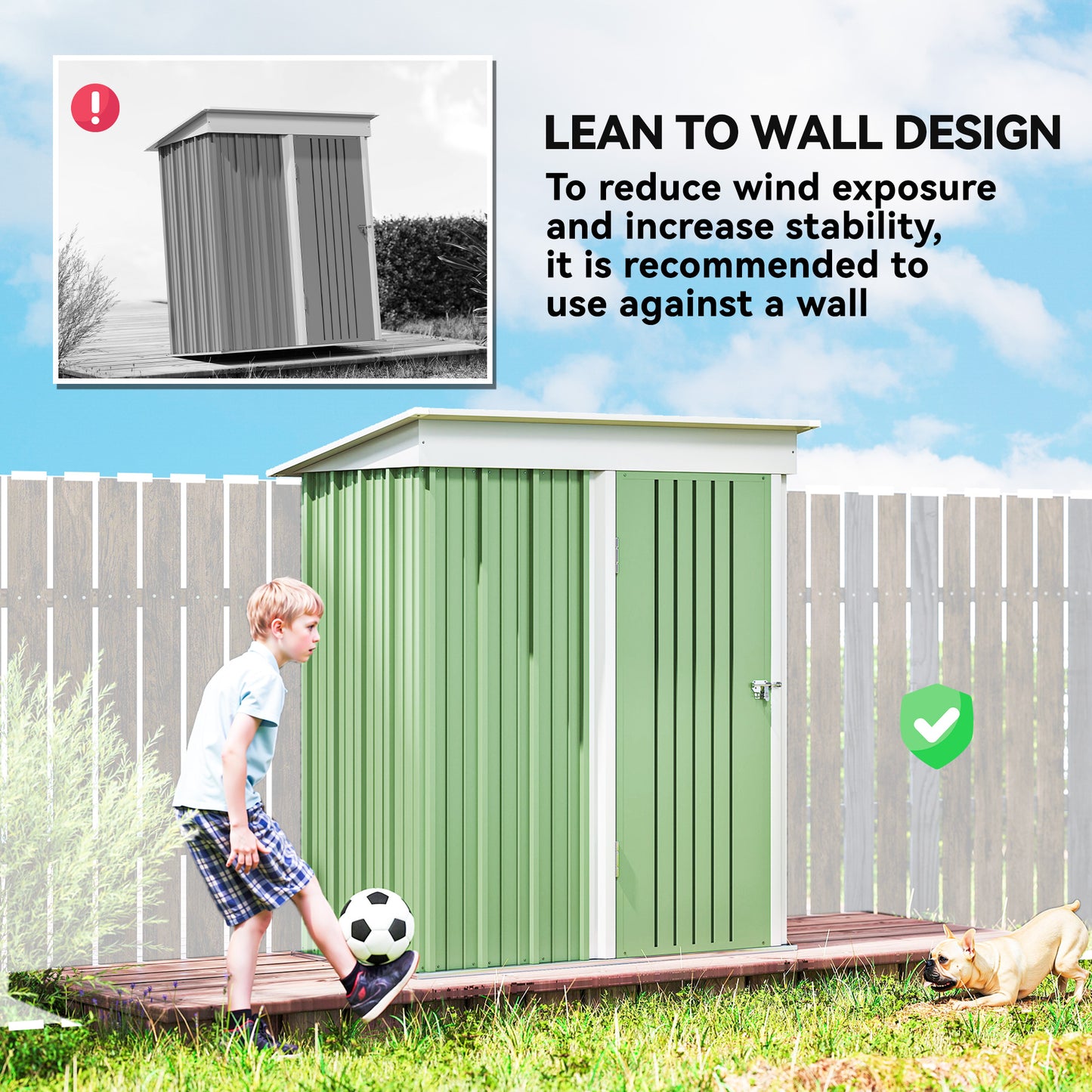 Outdoor Storage Shed, Steel Lean-to Shed with Adjustable Shelf, Lock, Gloves, 5'x3'x6', Green