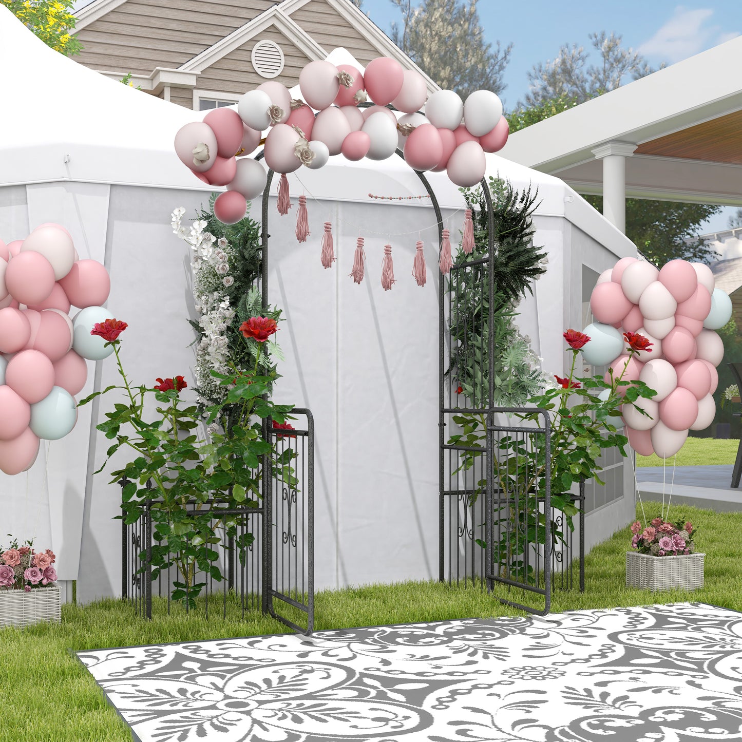 7.2FT Metal Garden Arch with Gate, 2 Side Planter Baskets, Garden Arbor Archway Trellis for Roses and Climbing Plants, Black