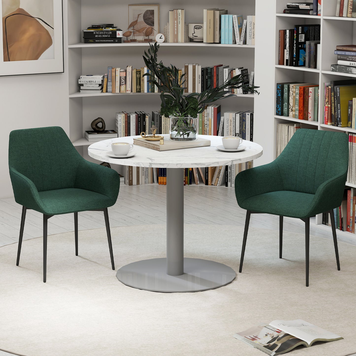 Dining Chairs Set of 2, Upholstered Linen Fabric Accent Chairs with Metal Legs, Dark Green