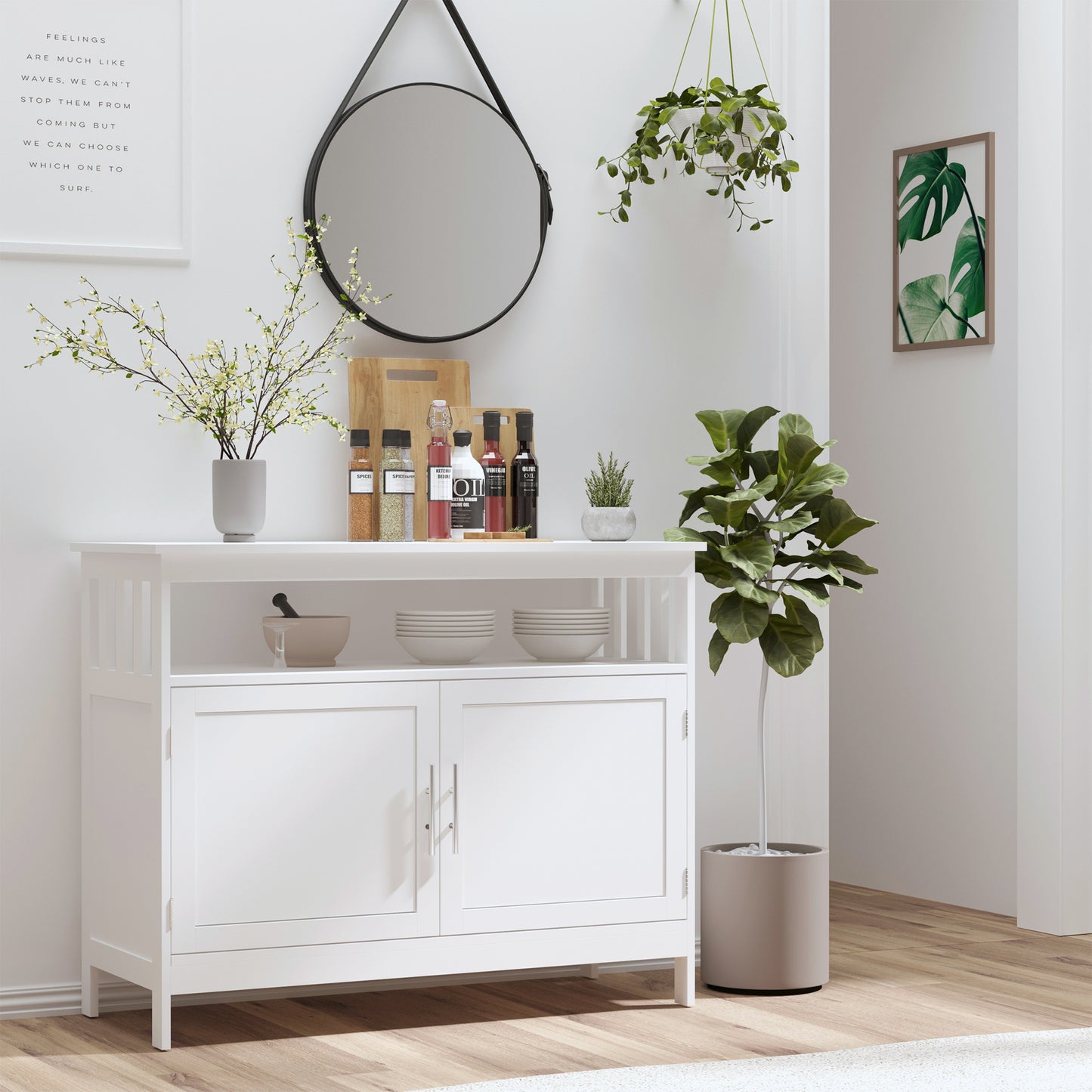 Wooden Sideboard Buffet Cabinet with Open Shelf and 2-Door Storage, White