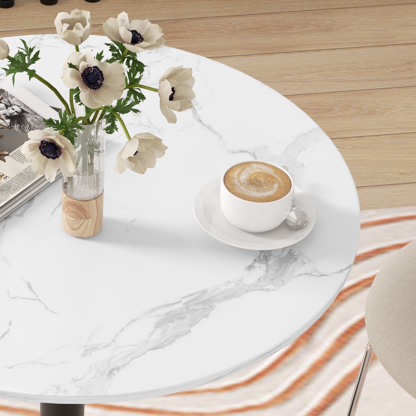 Modern Kitchen Table for 2 People, Round Dining Table with Steel Base for Living Room, Dining Room, White Marble