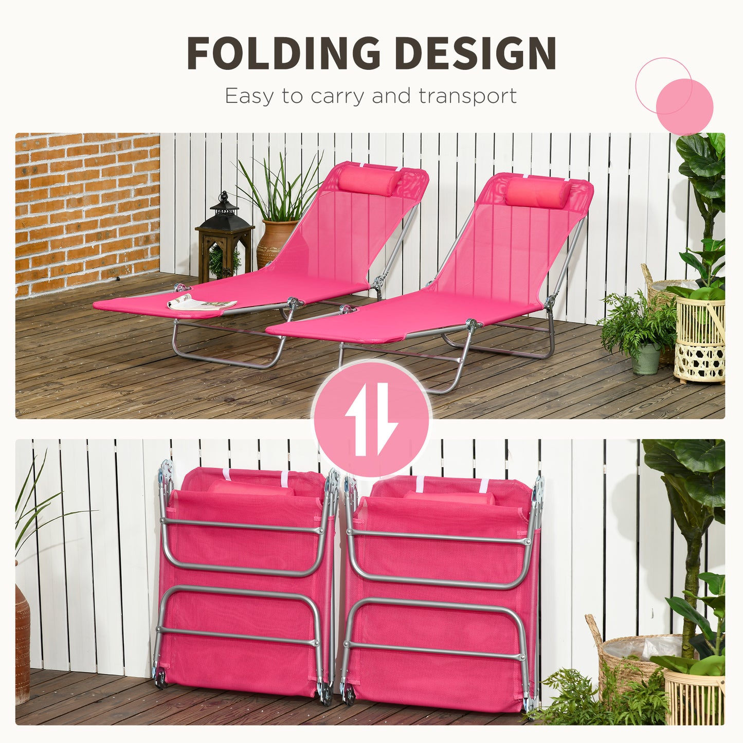 Set of 2 Folding Chaise Lounge Chairs, Outdoor Poolside Sun Tanning Chairs w/ Pillow, Reclining Backrest, Dark Blue