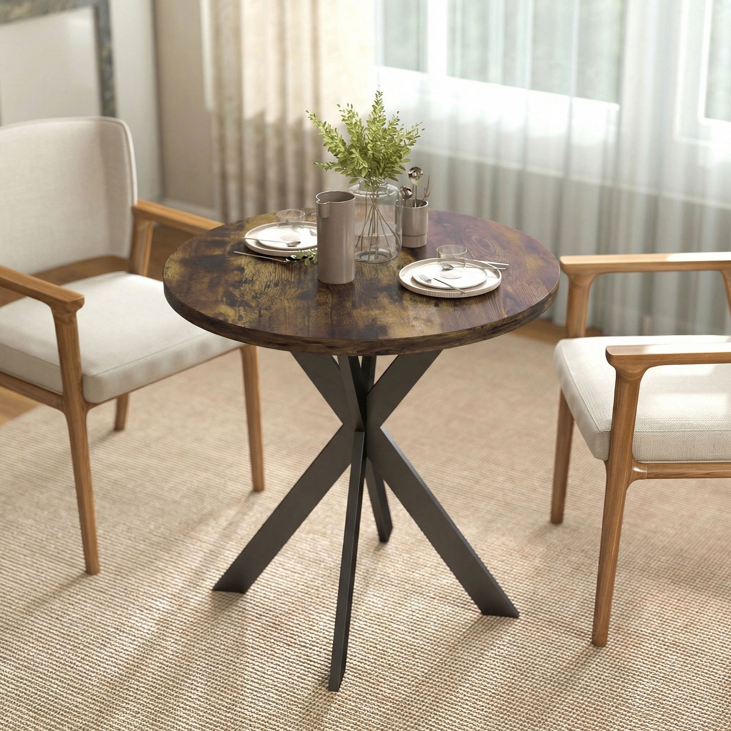 29" Dining Table, Contemporary Round Kitchen Table with Steel Legs, Rustic Brown