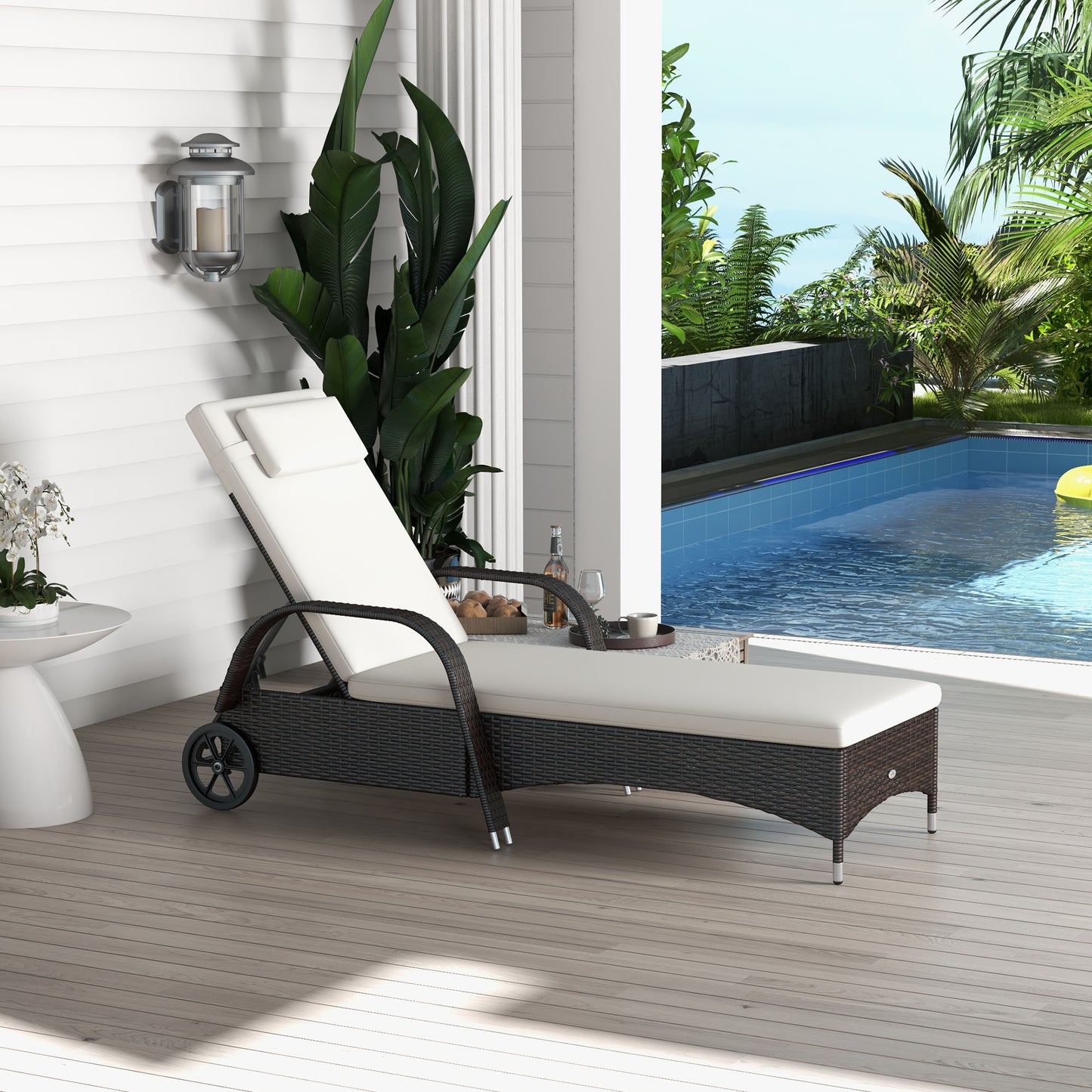 Wicker Chaise Lounge, Outdoor Lounge Chair, PE Rattan Patio Sun lounger with Head-rest, 5-Level Height Adjust Backrest, Cushion, & Wheels, Mixed Grey and Grey